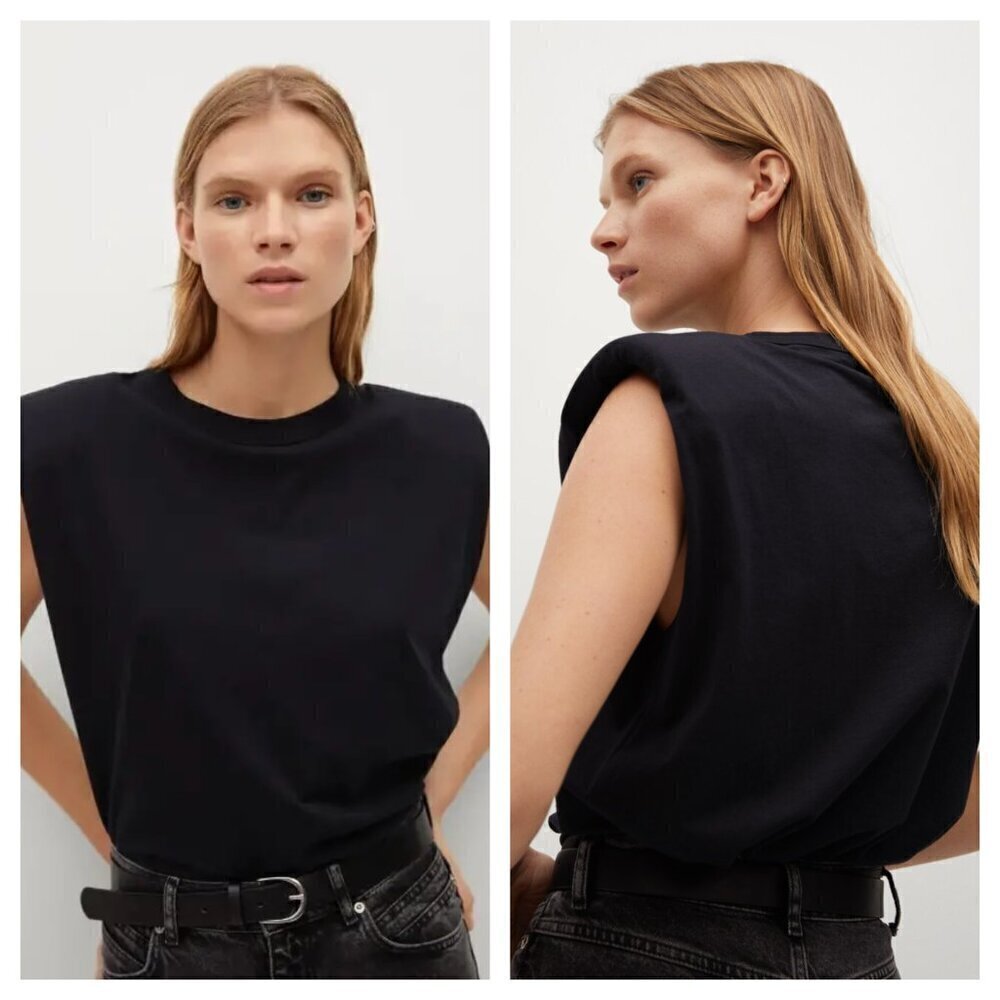 NEW Mango MNG Shoulder Pad T-Shirt Crewneck Cotton in Black Women's XS S